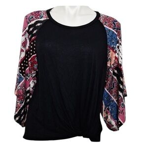Top Girl Black Multicolor Whimsigoth Bohemian 3/4 Bell Sleeve Blouse Size L